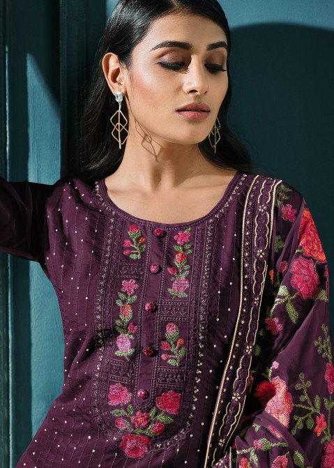 Purple Embroidered Organza Suit With Dupatta